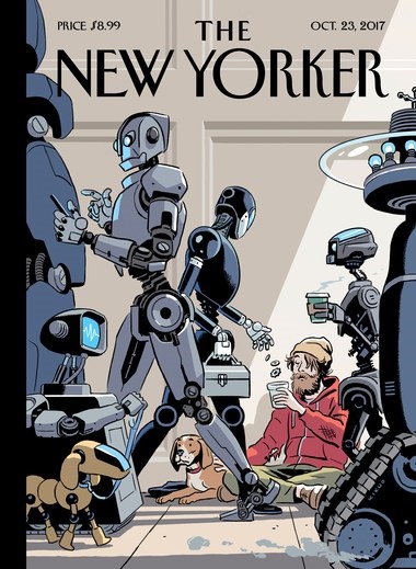 지난해 10월 23일 더 뉴요커 잡지가 커버 스토리로 다룬 표지다. 해당 표지는 먼 미래에 도시 생활을 하고 있는 로봇들과 그에 대비되게 빈곤한 삶을 살아가는 사람들의 모습을 그렸다.